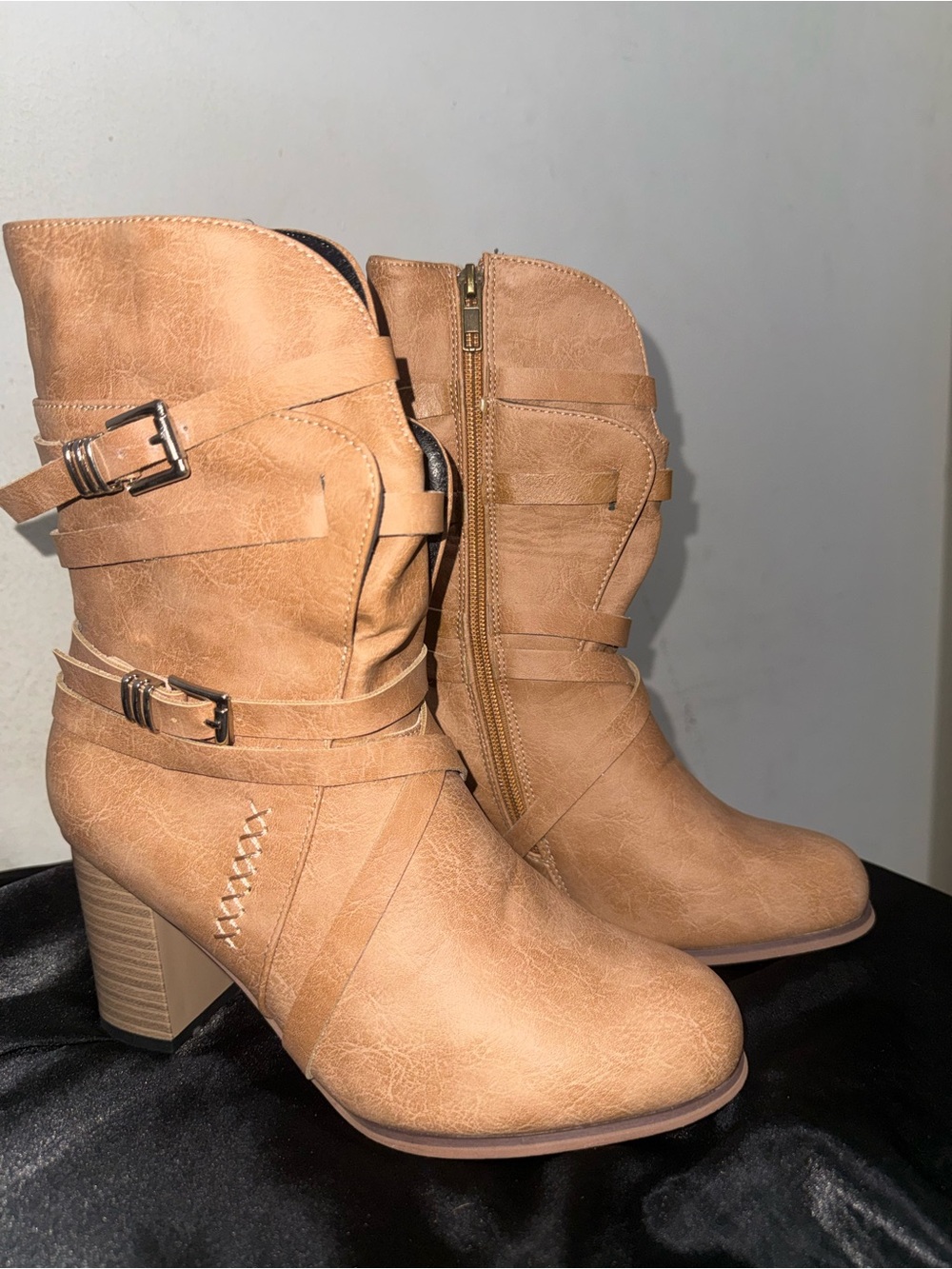 Women's Tan Mid-Calf Buckle Ankle Boots